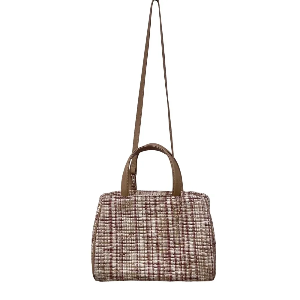 Liz Claiborne Woven Straw Plaid Satchel Handbag Tan Crossbody Bag